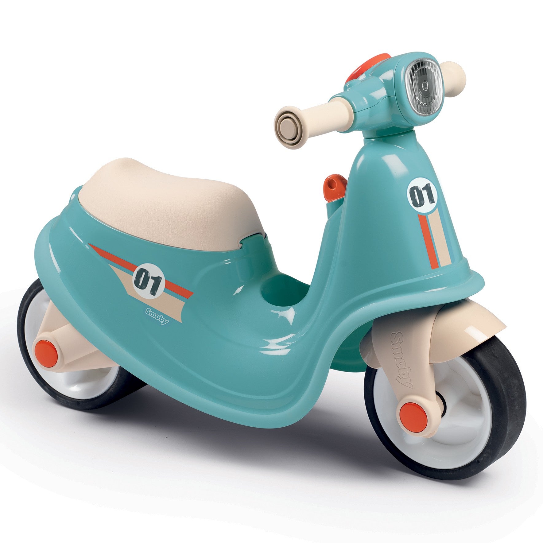 a soft-focus shot of a child's blue retro ride-on scooter with a cozy plush seat in a sunlit garden