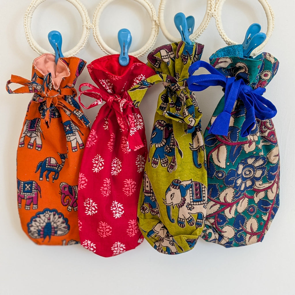 Reusable Kalamkari Cotton Bottle Bags Handmade in India