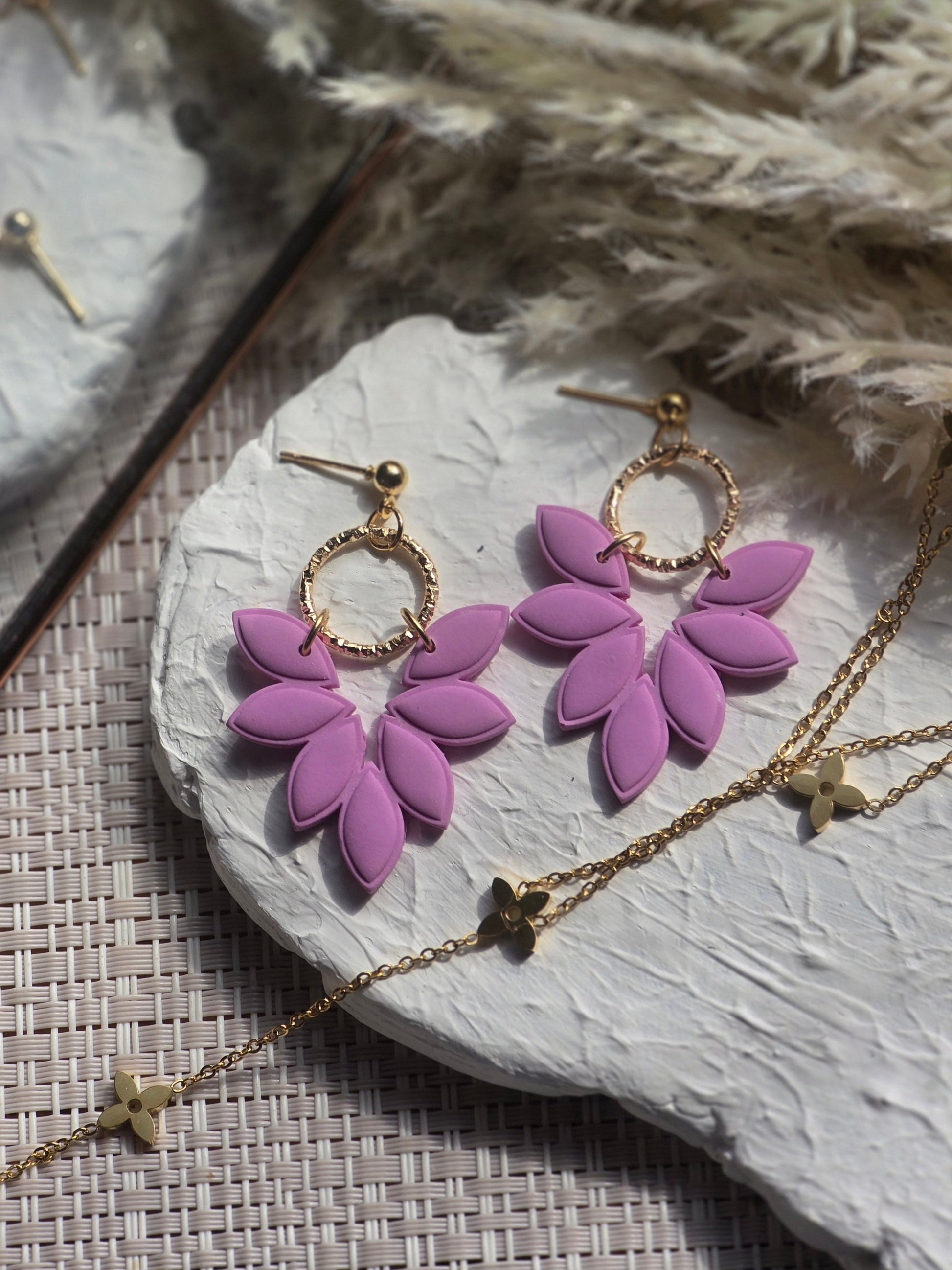 Amber Pink Leaf Earrings with Gold or Silver Hardware