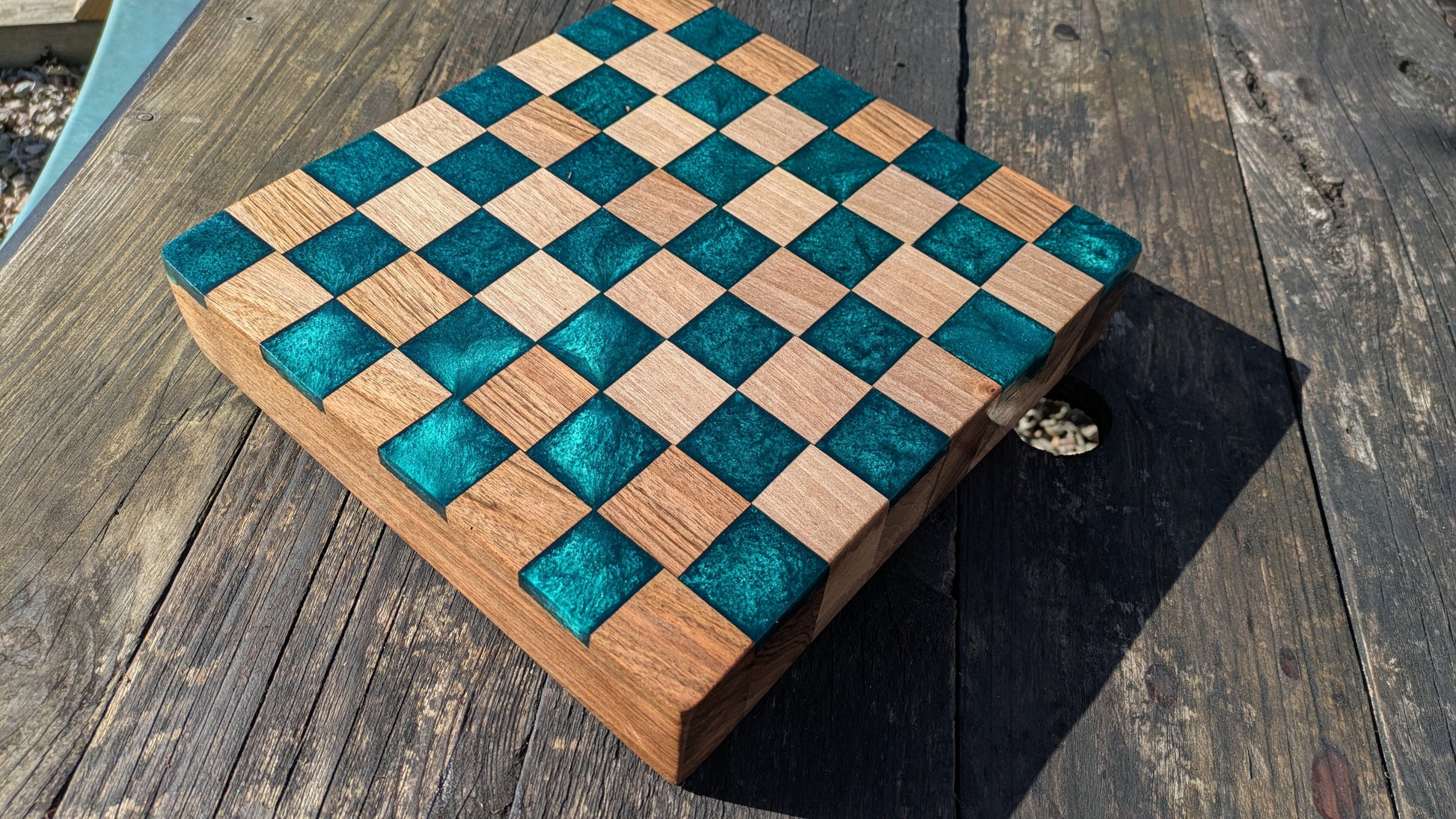 Walnut and teal resin chess board