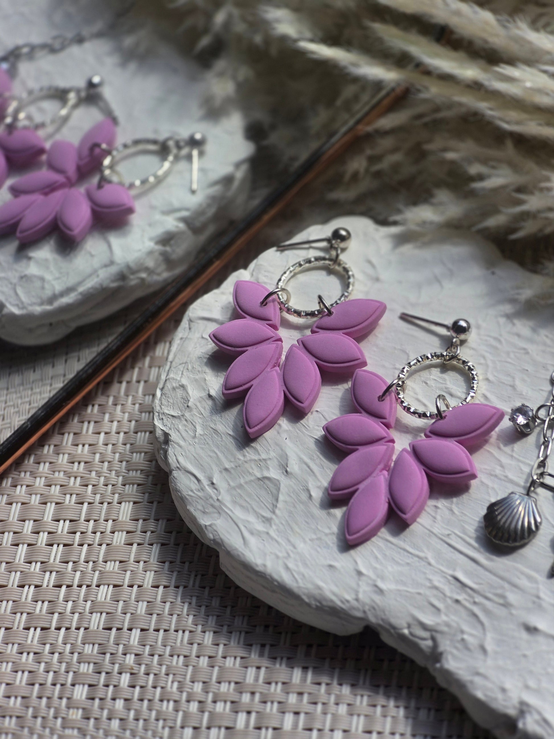Amber Pink Leaf Earrings with Gold or Silver Hardware
