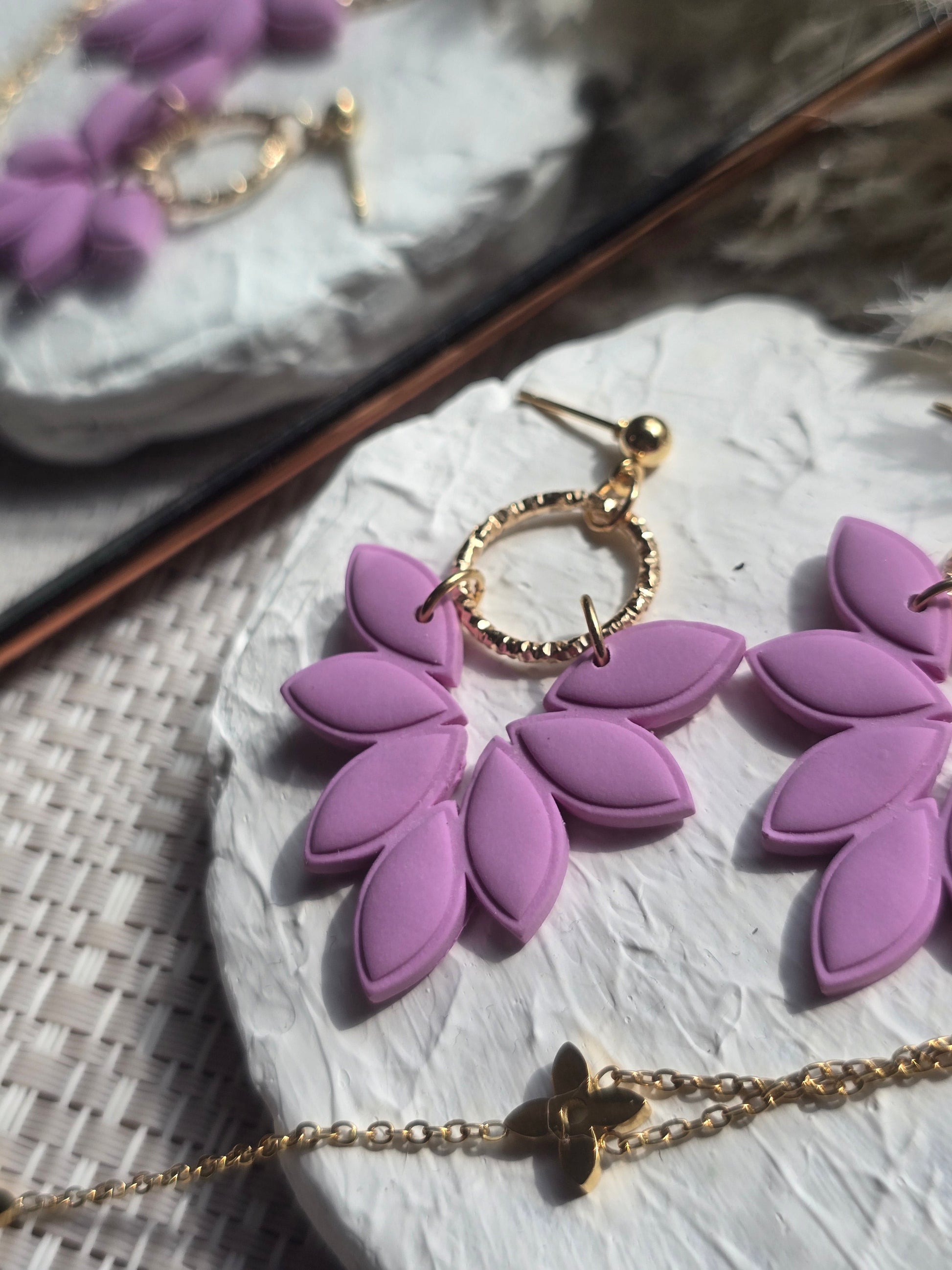 Amber Pink Leaf Earrings with Gold or Silver Hardware