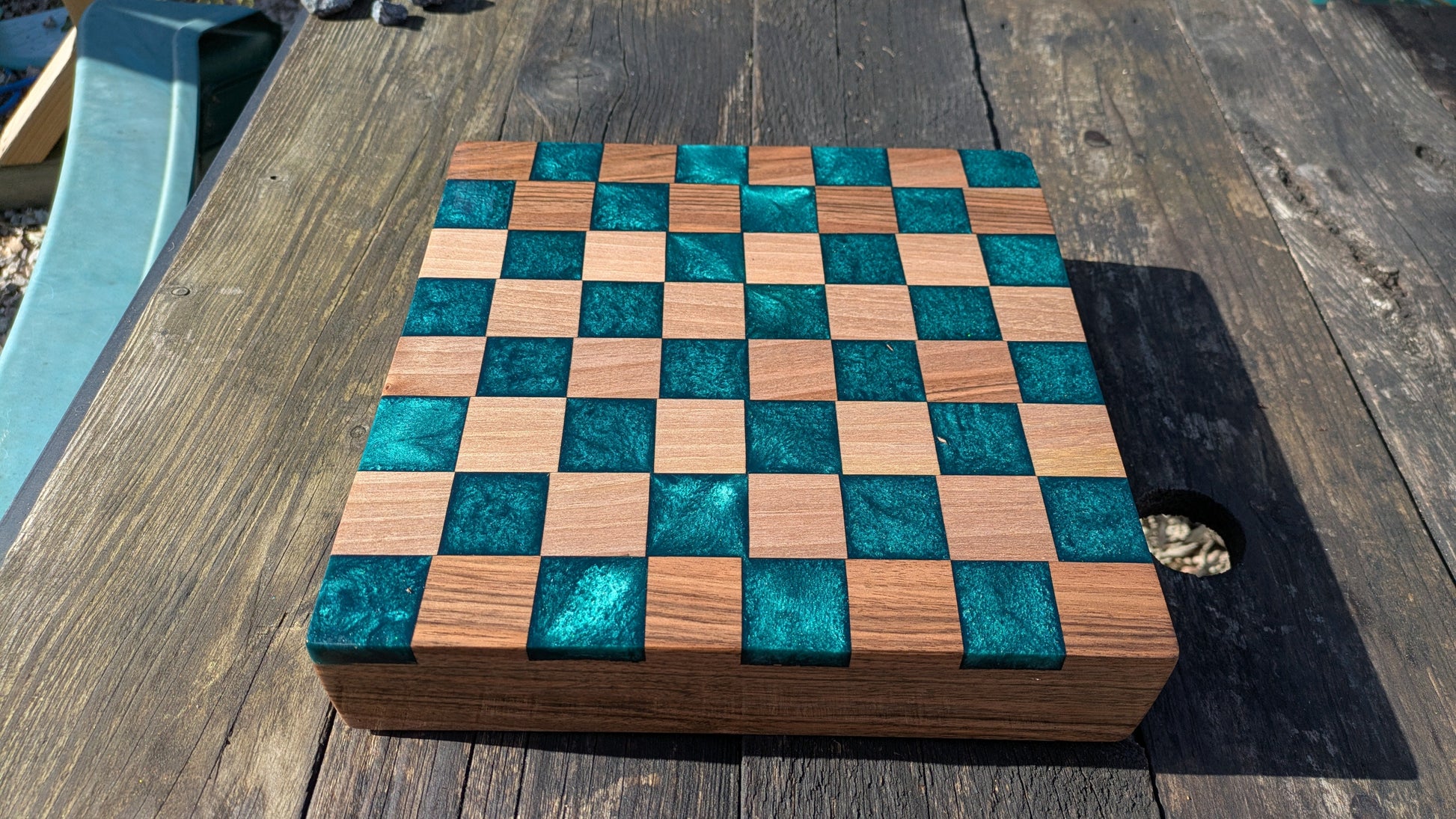 Walnut and teal resin chess board