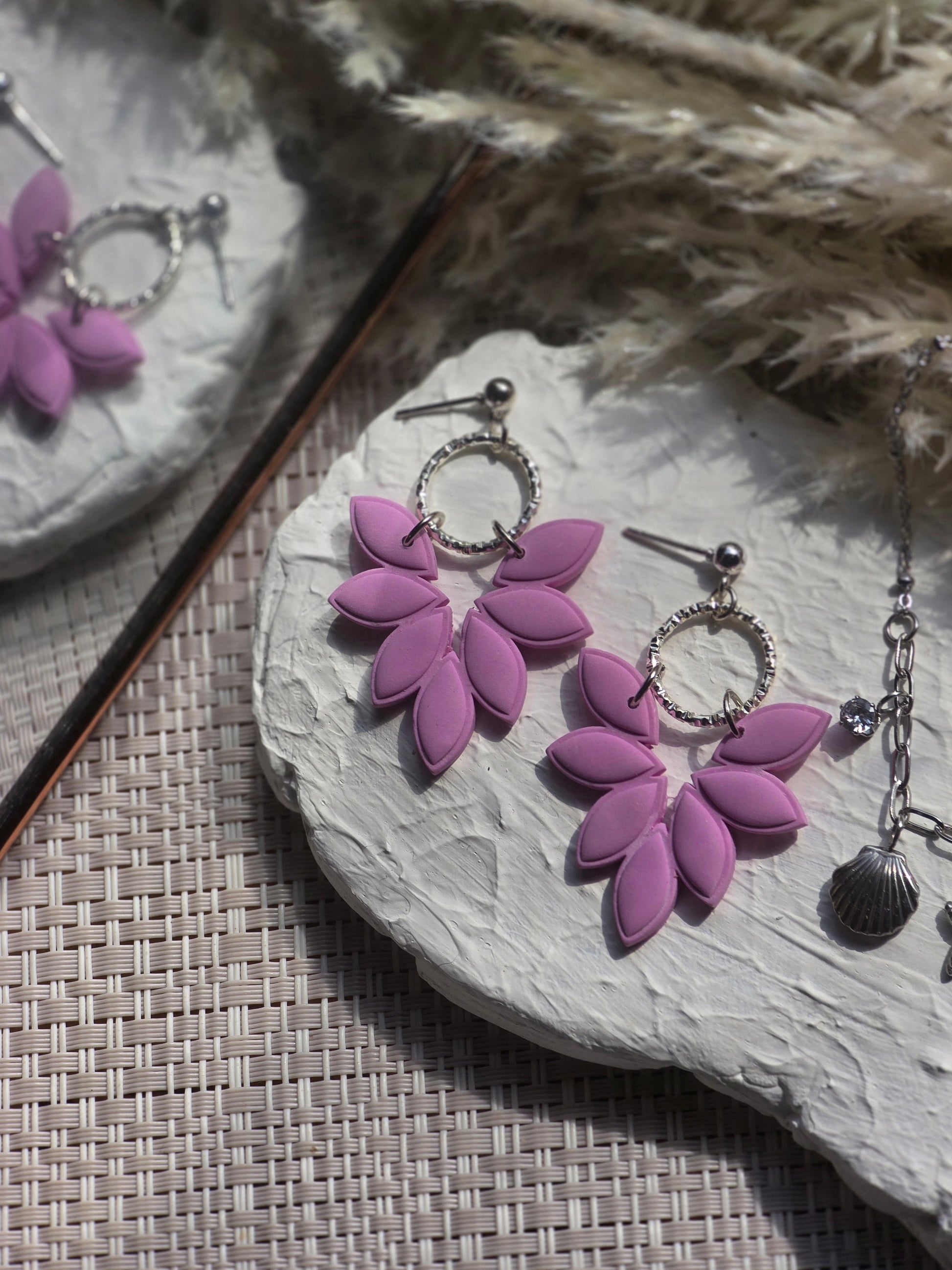 Amber Pink Leaf Earrings with Gold or Silver Hardware