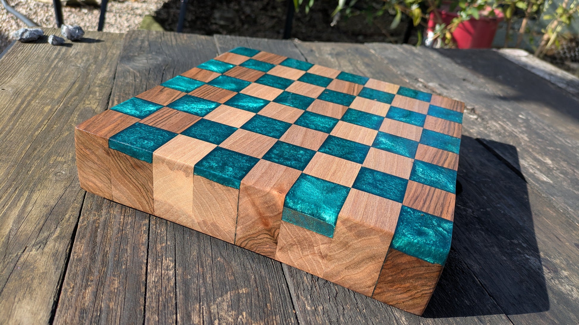 Walnut and teal resin chess board