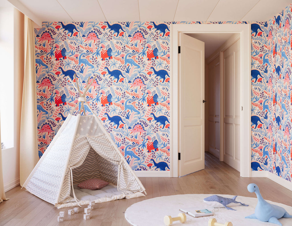 Roar Dinosaur Wallpaper with Botanicals