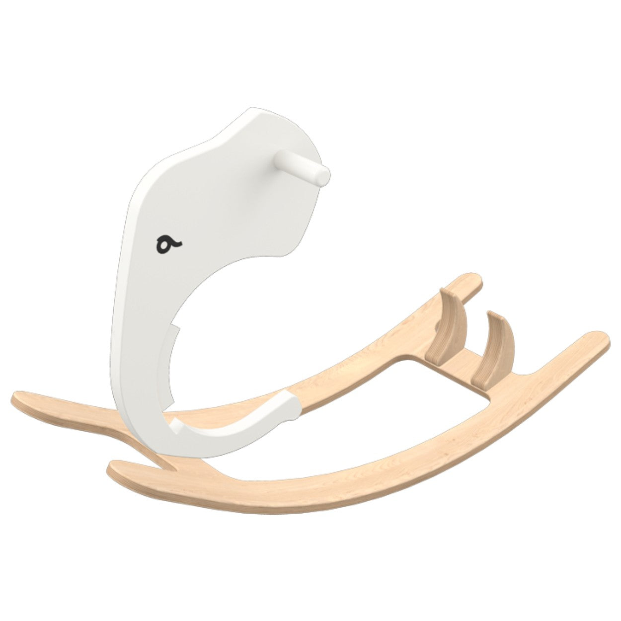 a toddler giggling on a wooden rocking elephant, captured in a playful, sunlit moment of joyful bouncing