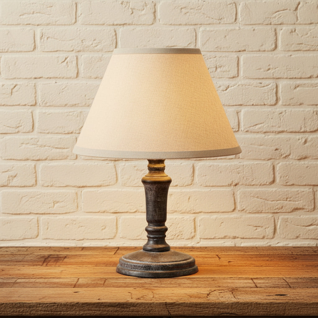 Distressed black Column Table Lamp with neutral linen shade, rustic wood base, 20cm height, grey farmhouse decor.by sostter at brixbailey.com