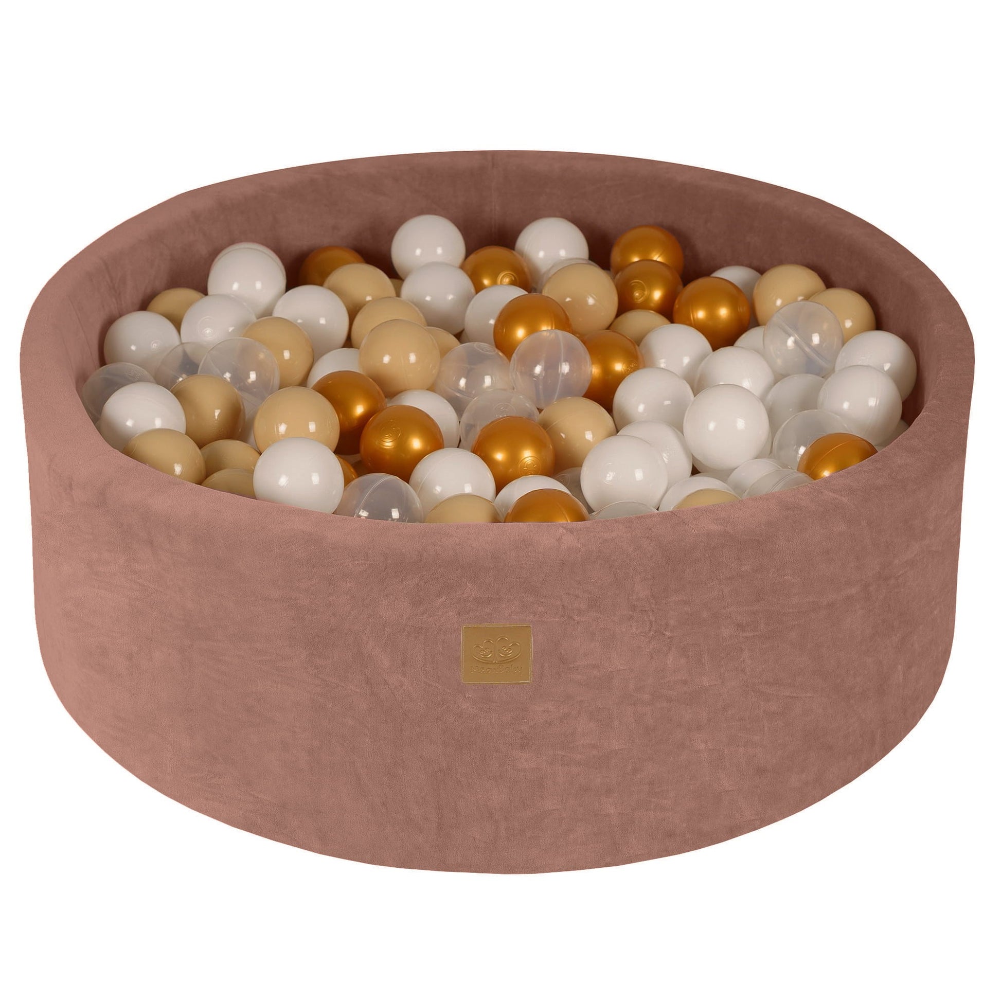 a bold statement piece - a round beige velvet ball pit overflowing with 200 gold and white balls