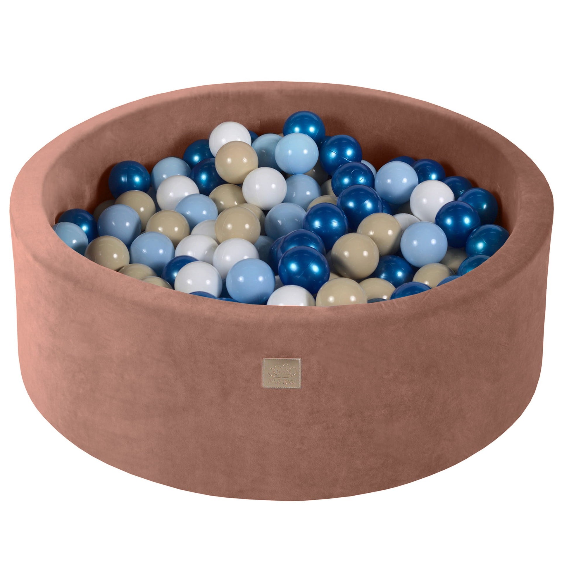 bold beige velvet ball pit overflowing with 200 blue and white sensory play balls