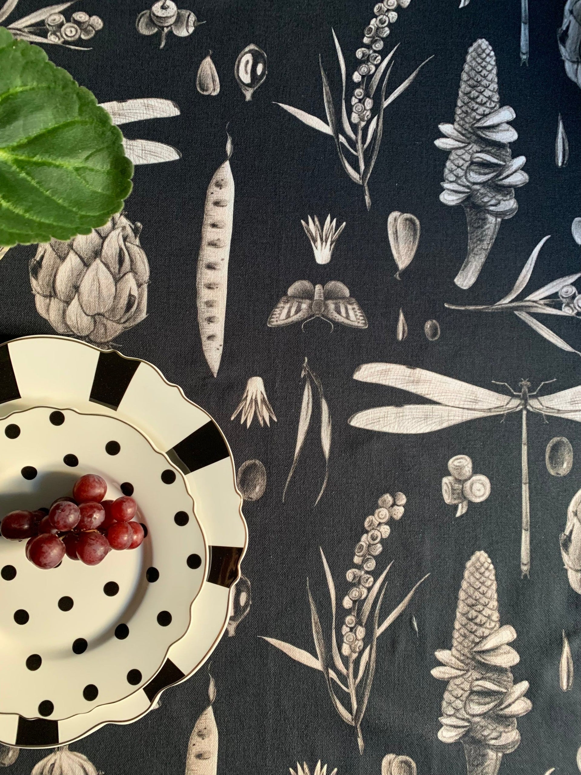 a practical close-up of the round cotton tablecloth on a table, showcasing its durable seeds carbon print fabric