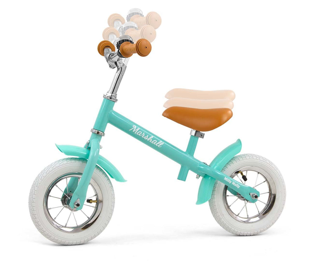 elegant marshall balance bike for kids with 10-inch air tires and a refined soft saddle