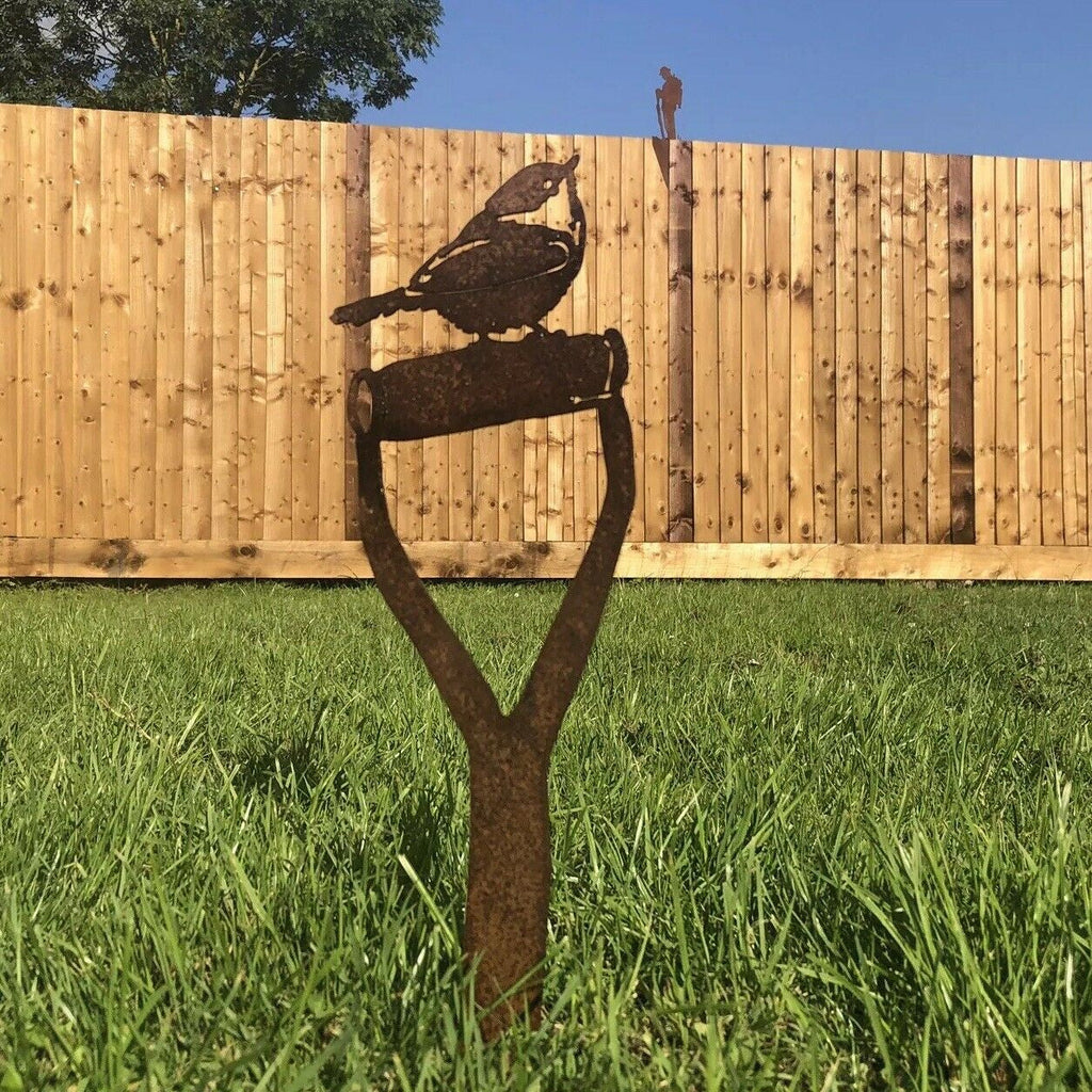 Rusty Metal Robin Bird Garden Spade Stake Decoration