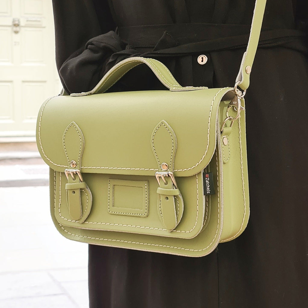 Leather Midi Satchel in Sage Green
