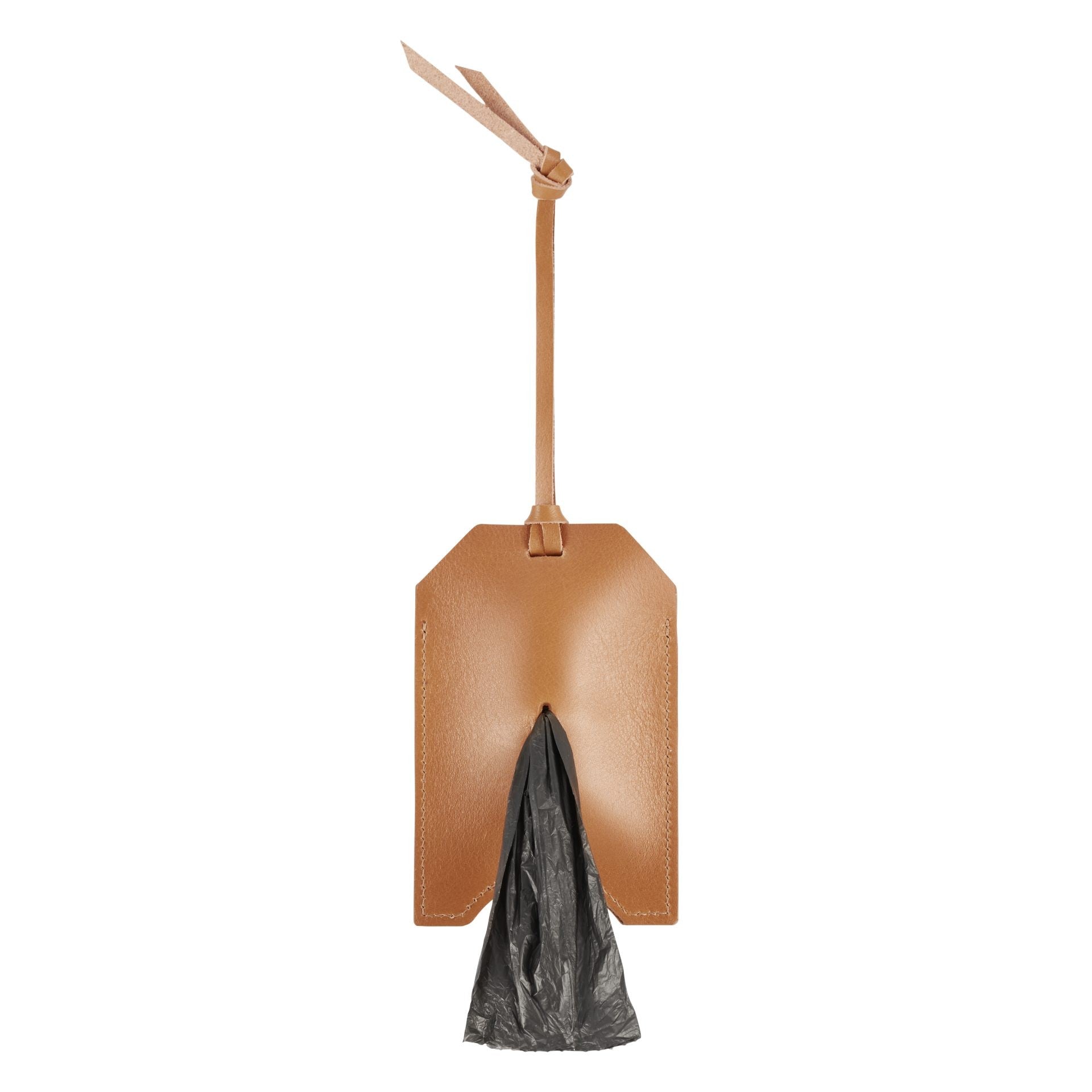 bold close-up of a camel leather dog bag dispenser with rich texture and elegant stitching