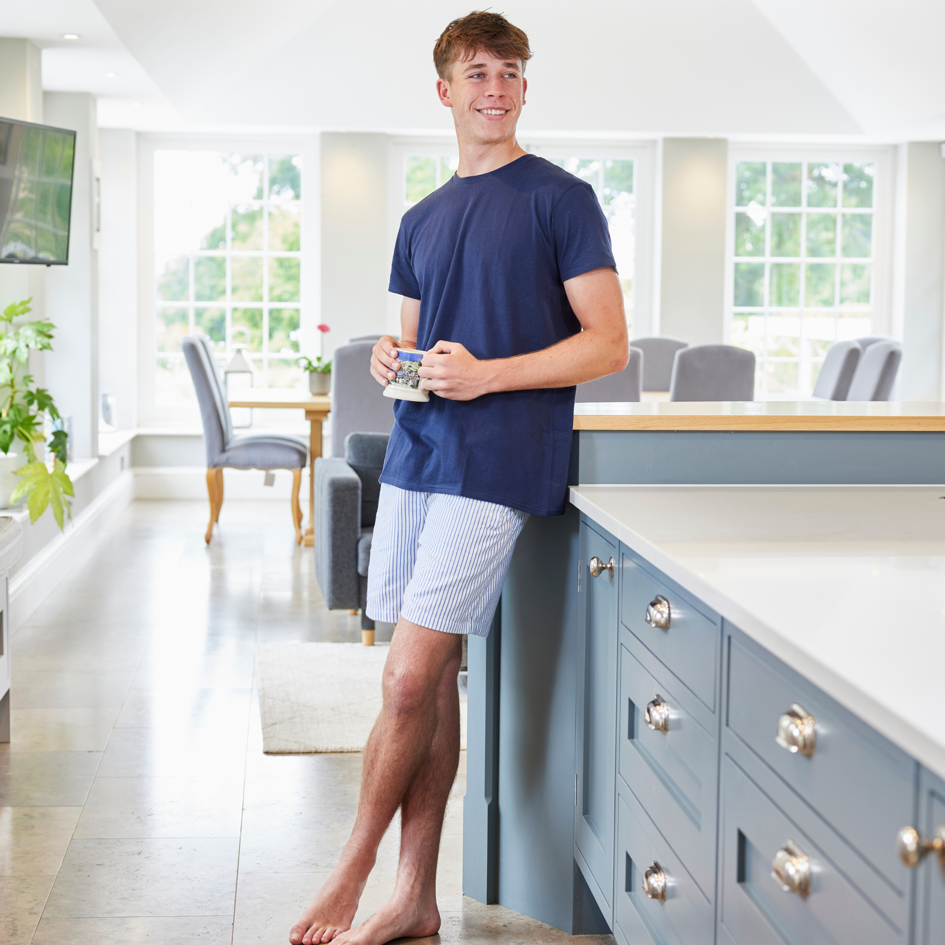 Unisex Monk Seal Shorts in Blue and White Stripe