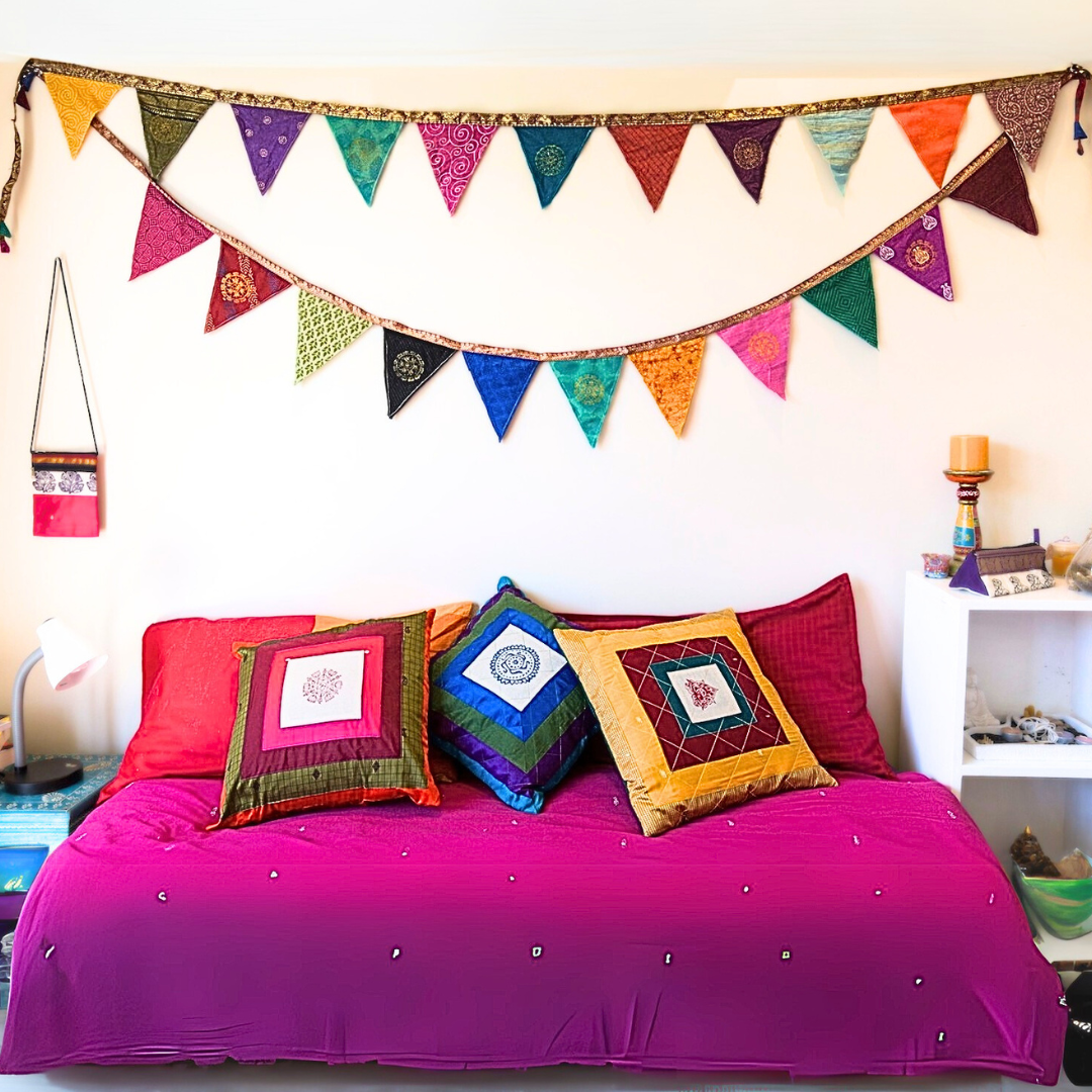 Upcycled sari flags, reusable sari bunting