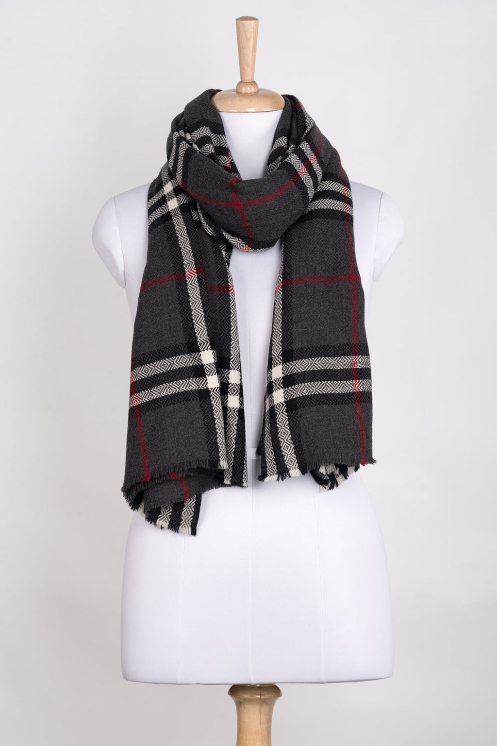 Charcoal Black White Window Check Merino Wool Scarf