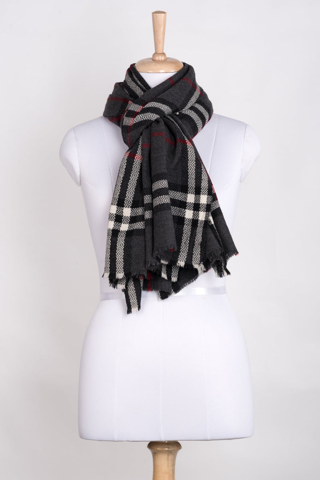 Charcoal Black White Window Check Merino Wool Scarf