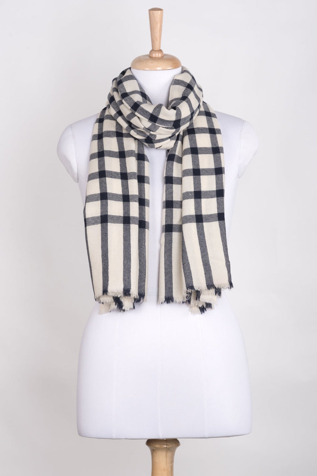 Windowpane Check Merino Wool Scarf in Off White Navy