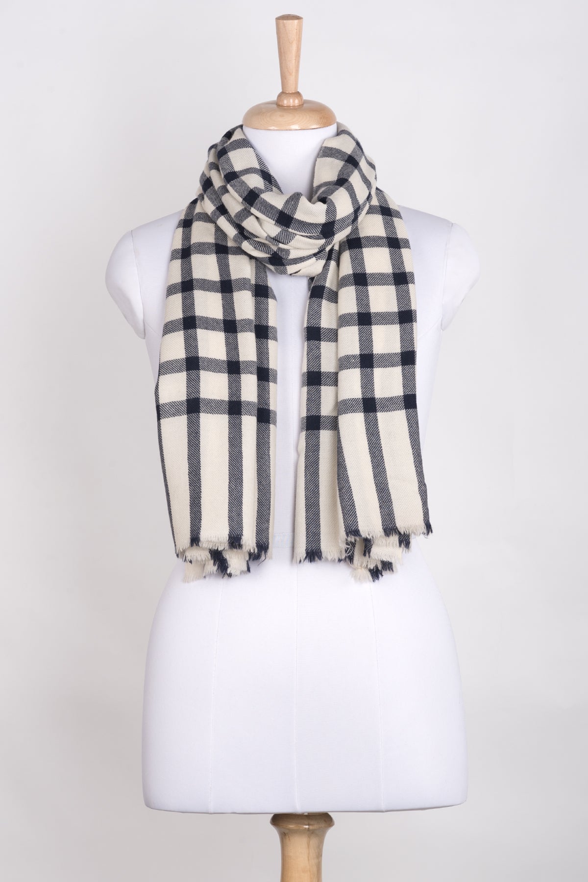 Windowpane Check Merino Wool Scarf in Off White Navy