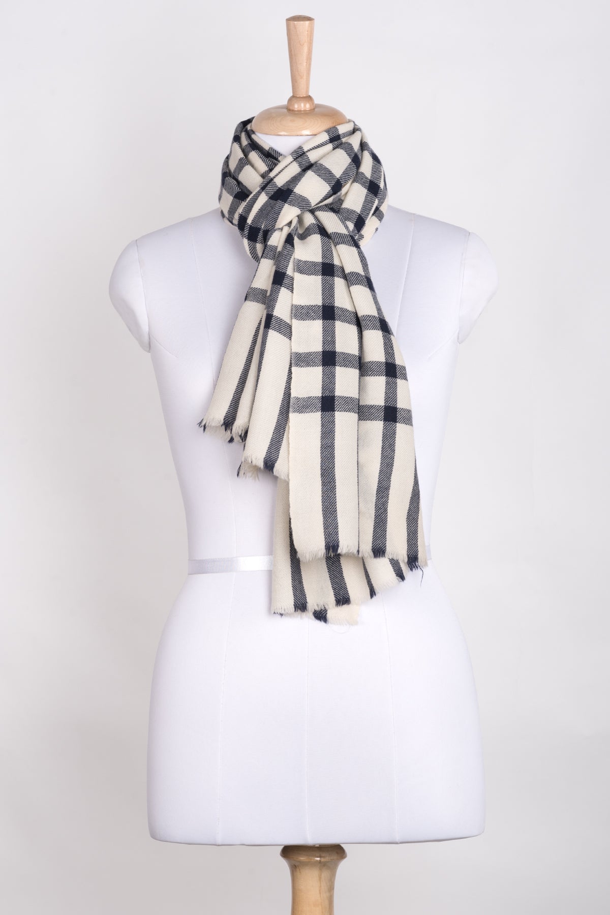 Windowpane Check Merino Wool Scarf in Off White Navy