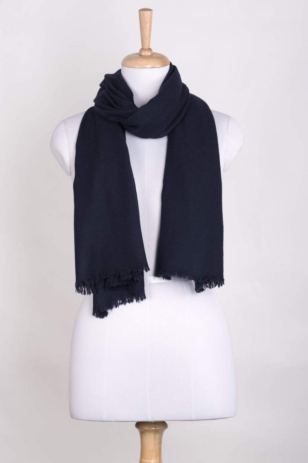 Navy Merino Wool Scarf with Diamond Weave
