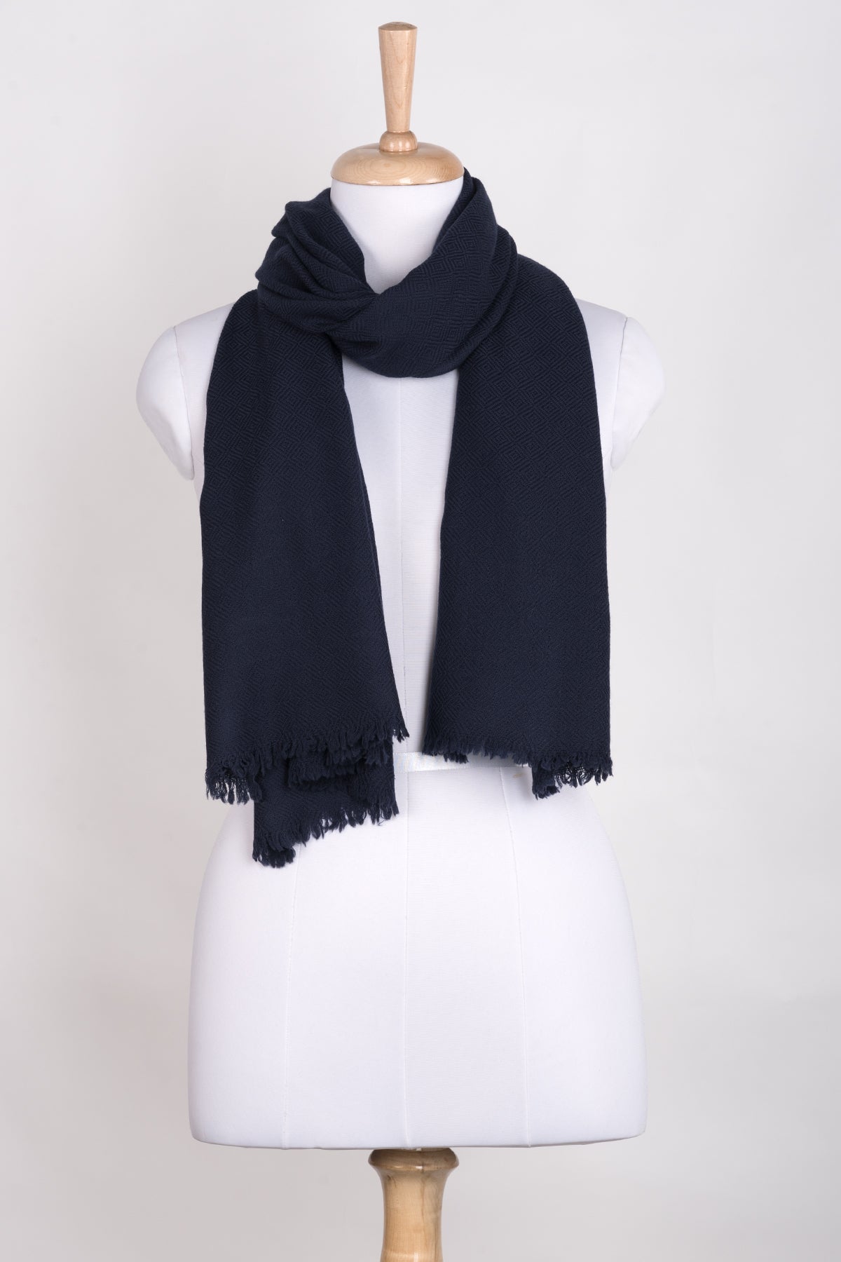 Navy Merino Wool Scarf with Diamond Weave