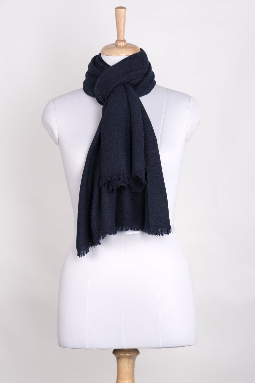 Navy Merino Wool Scarf with Diamond Weave