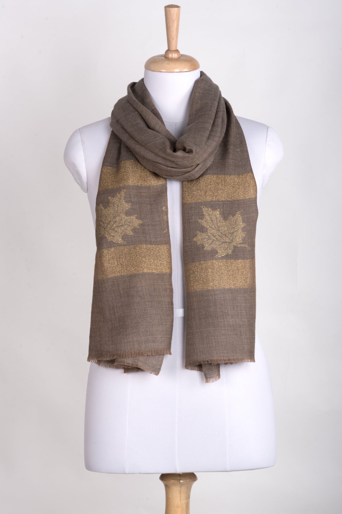 Gold Maple Leaf Border Cashmere Wool Scarf in Beige