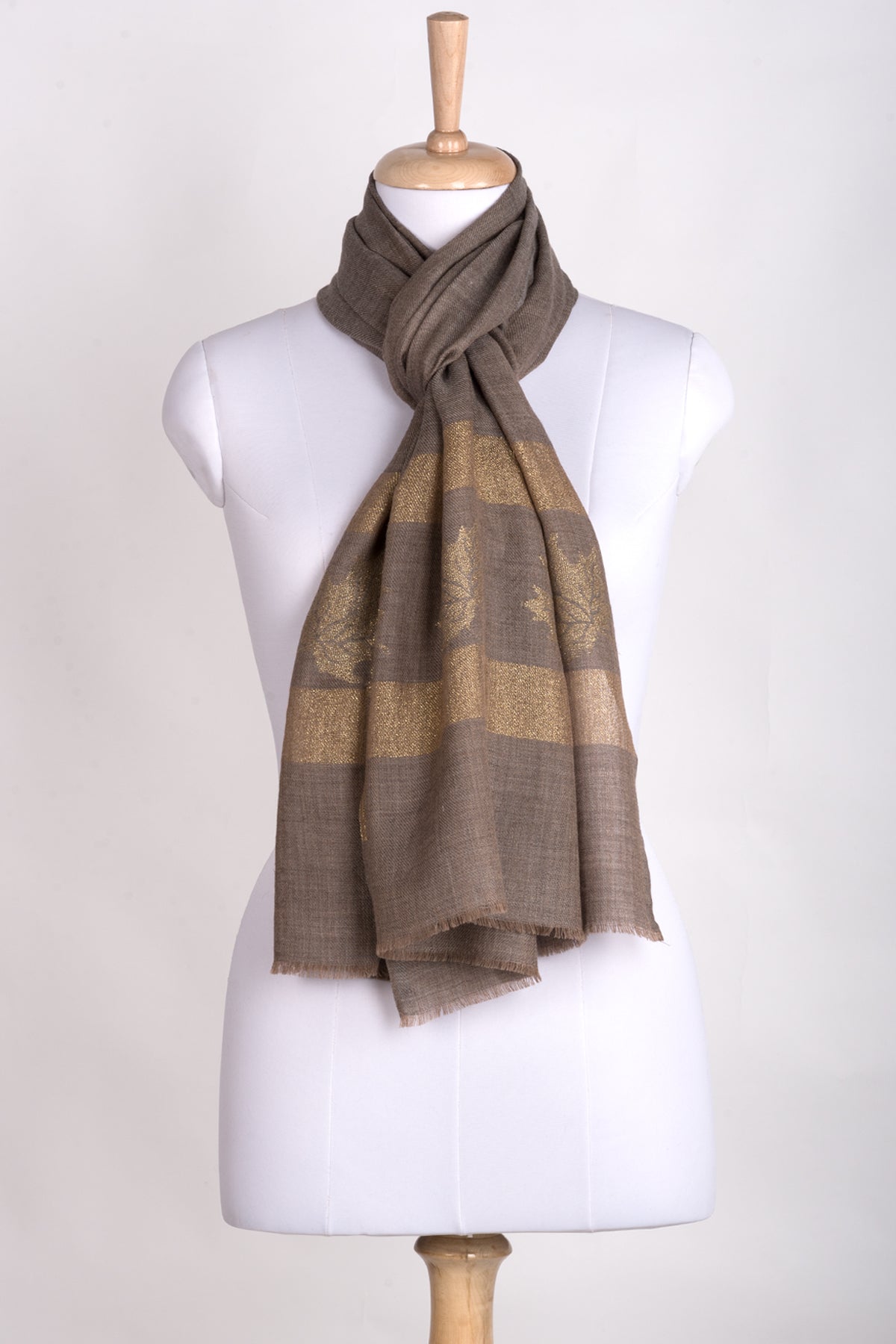 Gold Maple Leaf Border Cashmere Wool Scarf in Beige