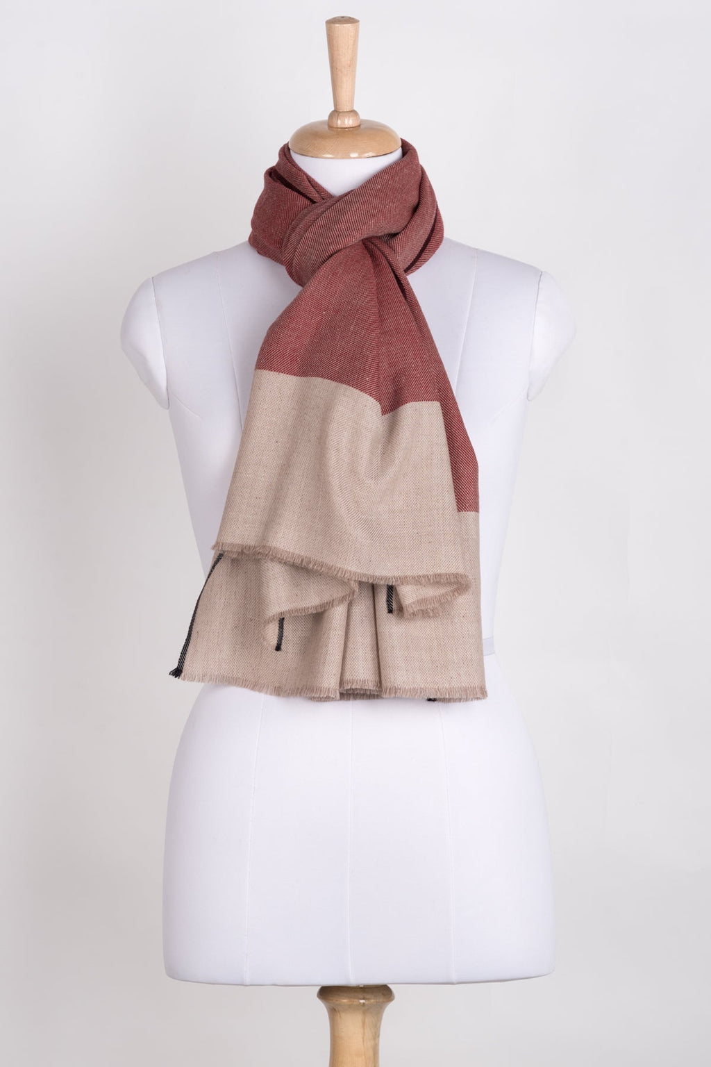 Two Tone Merino Wool Scarf in Red and Beige