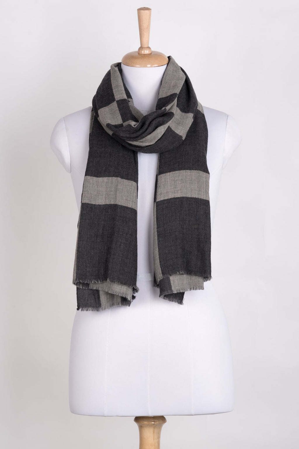 Windowpane Grey Merino Wool Scarf with Jacquard Weave