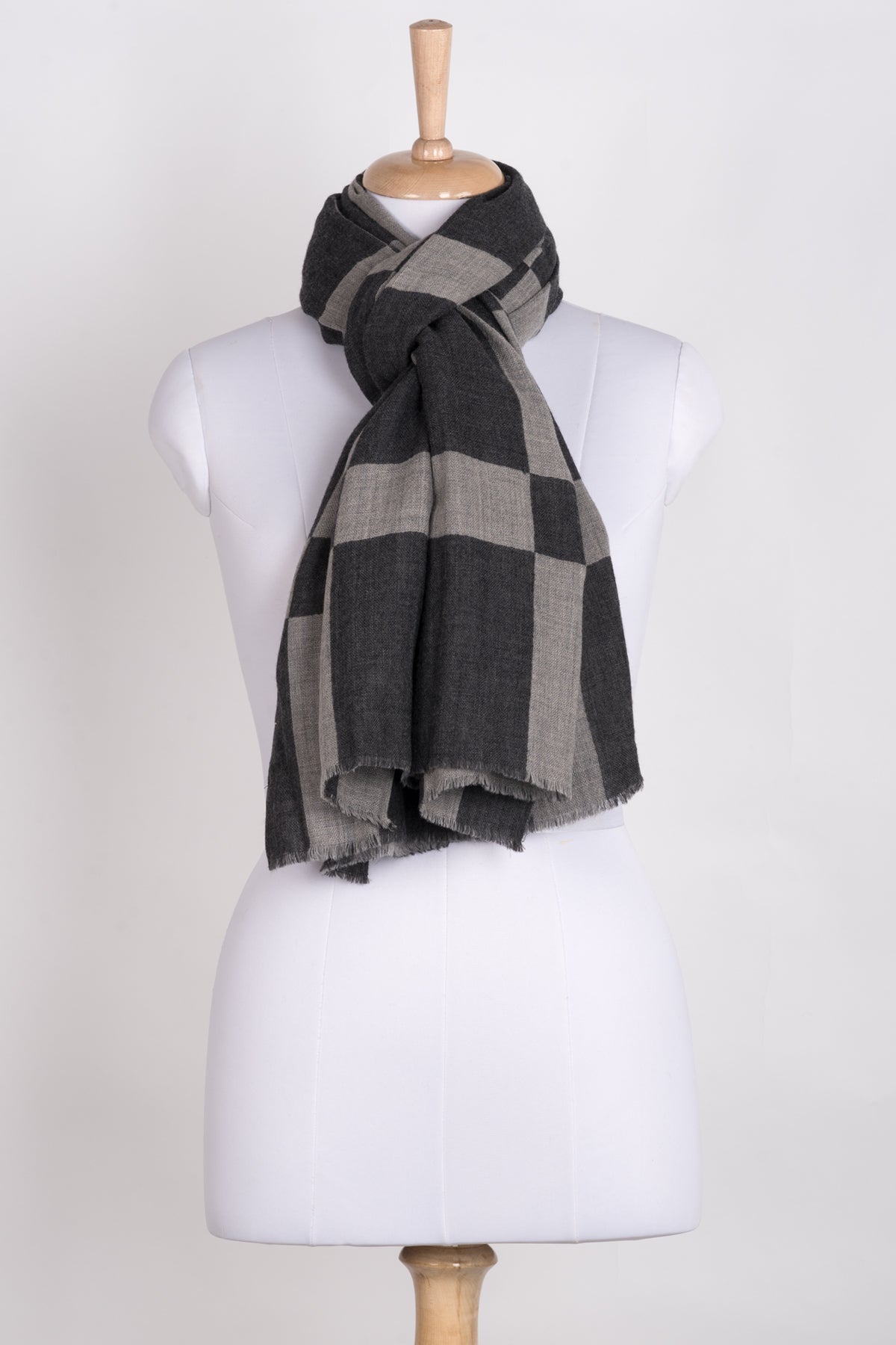 Windowpane Grey Merino Wool Scarf with Jacquard Weave