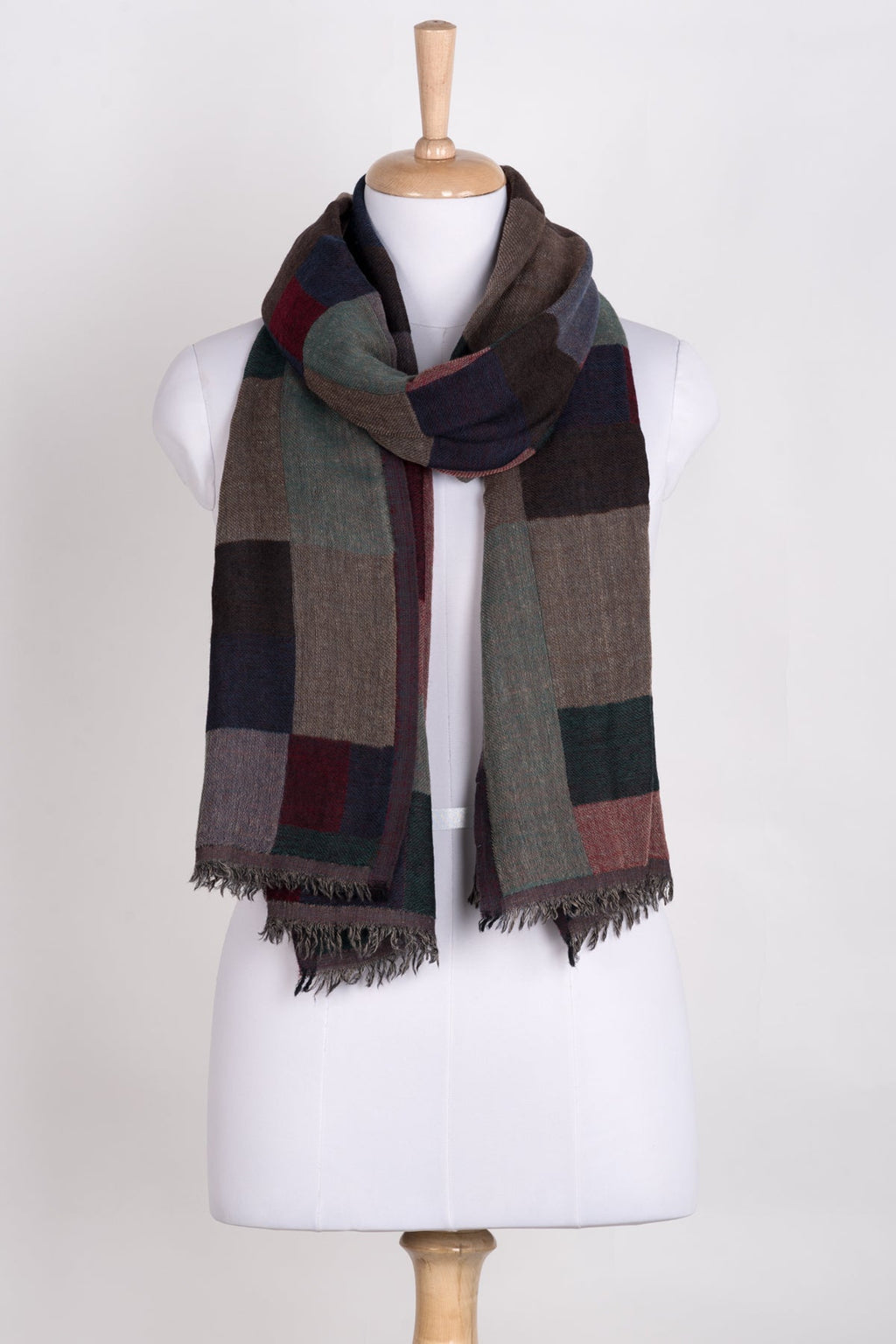 Mix Checks Jacquard Merino Wool Scarf in Red Blue Multi