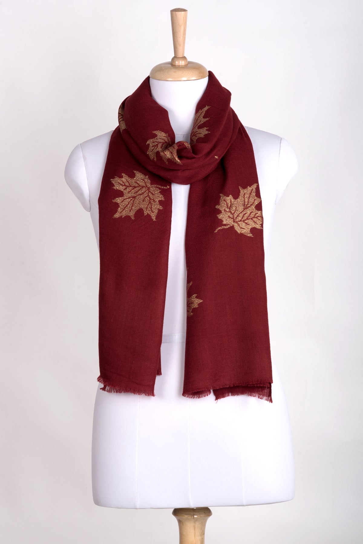 Crimson Gold Maple Leaf Cashmere Wool Scarf