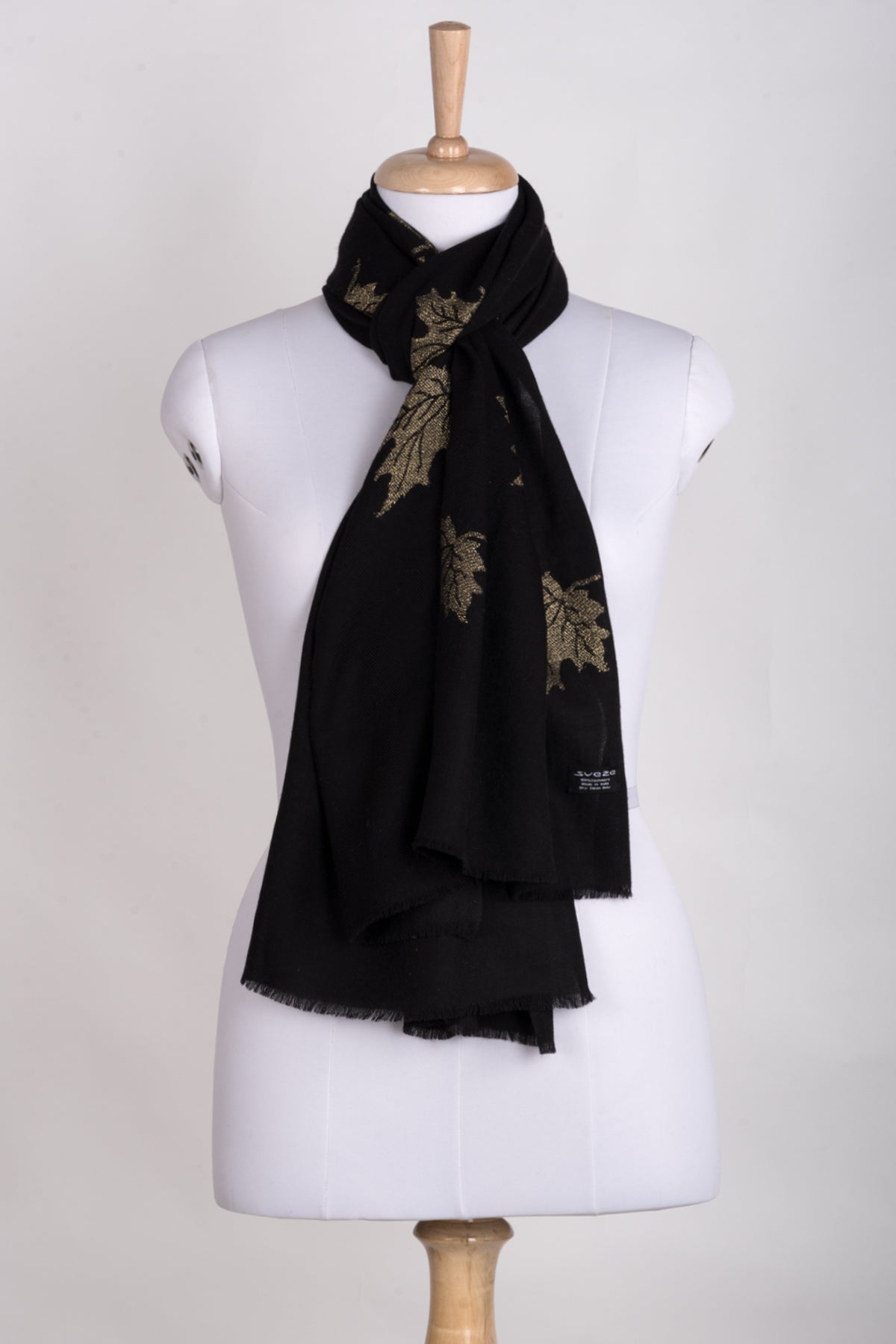 Gold Maple Leaf Cashmere Wool Scarf in Black