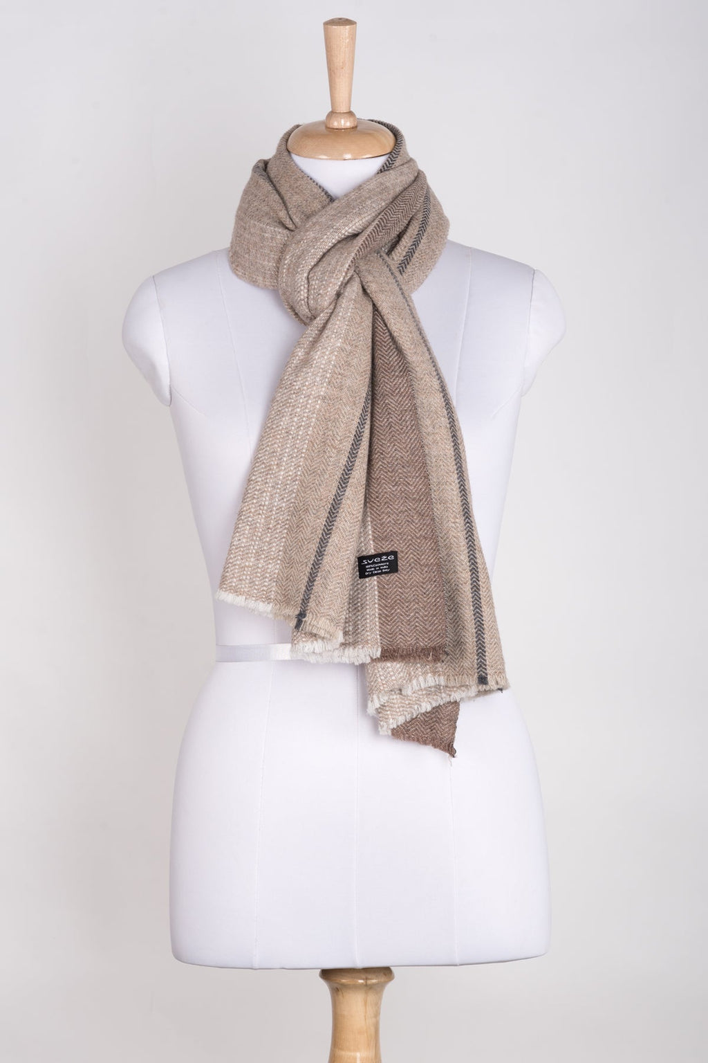 Reversible Striped Chevron Cashmere Wool Scarf in Beige