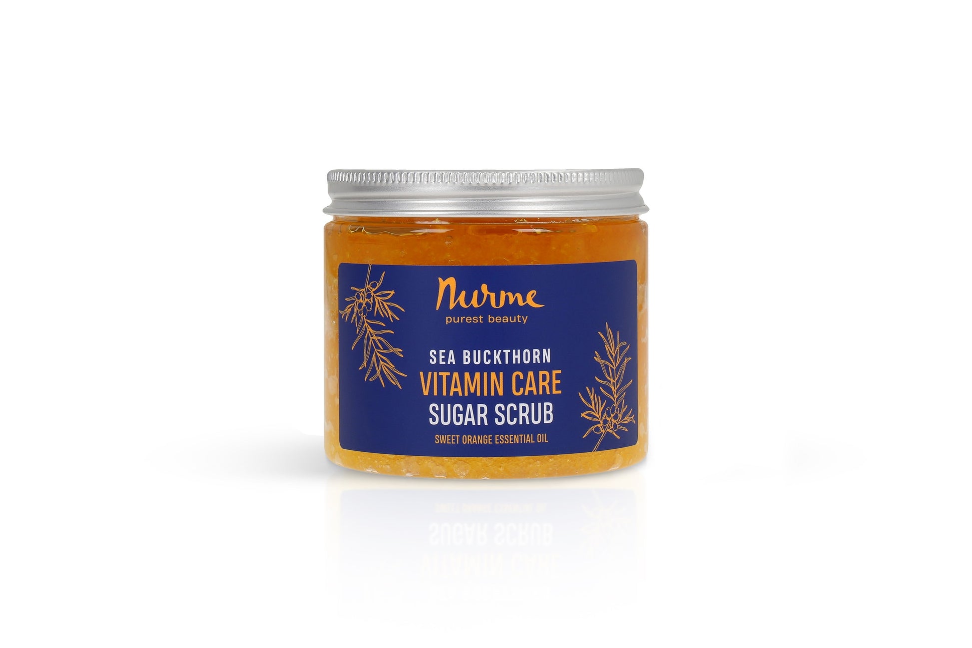 bold close-up of revitalizing sea buckthorn and orange sugar scrub in a jar