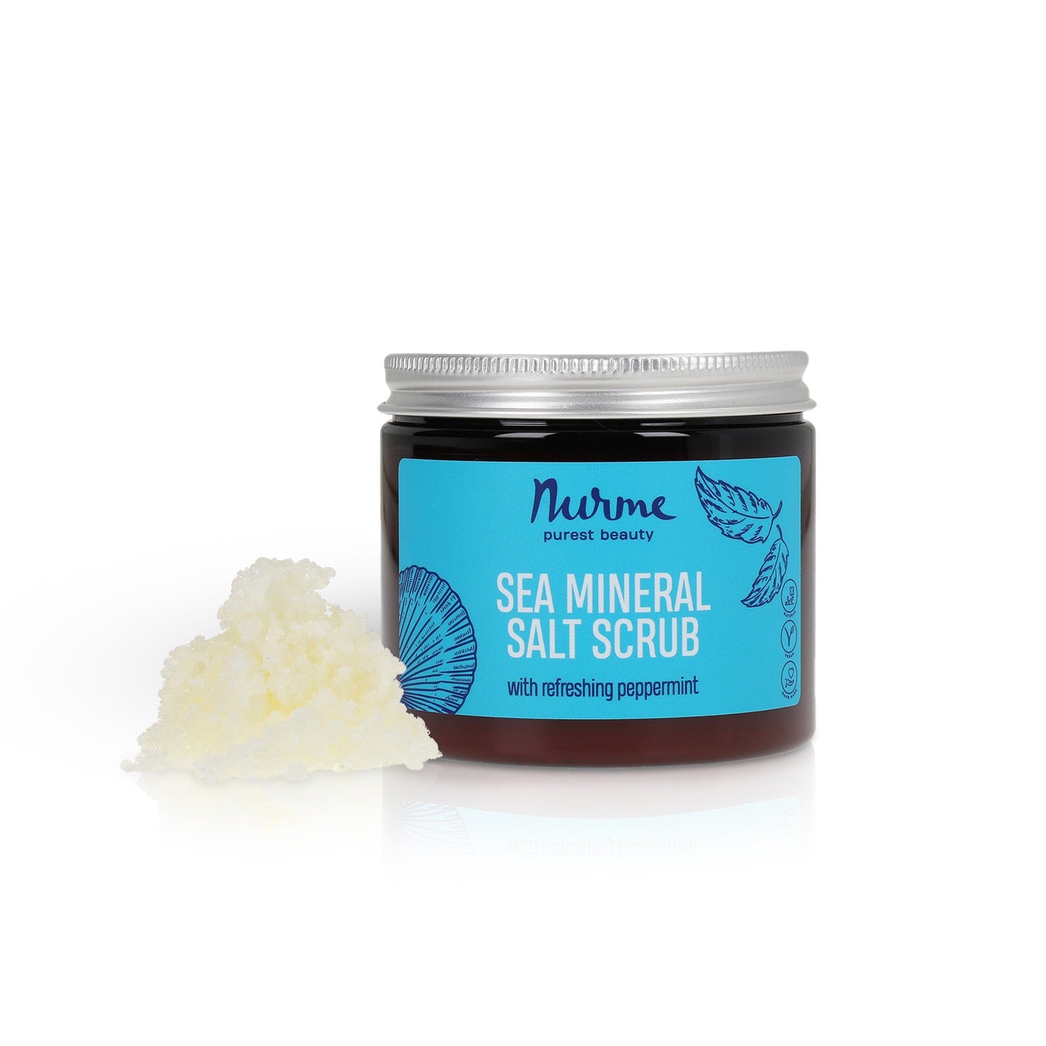 bold close-up of revitalizing sea mineral body scrub with visible sea salt crystals and peppermint