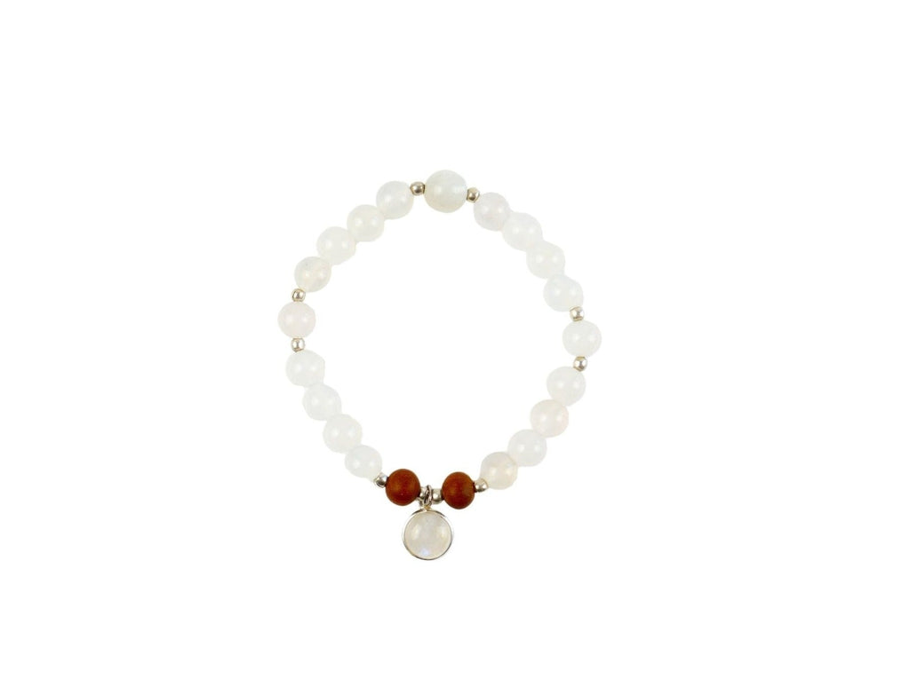 Selene Moonstone Mala Bracelet with Sandalwood and Sterling Silver
