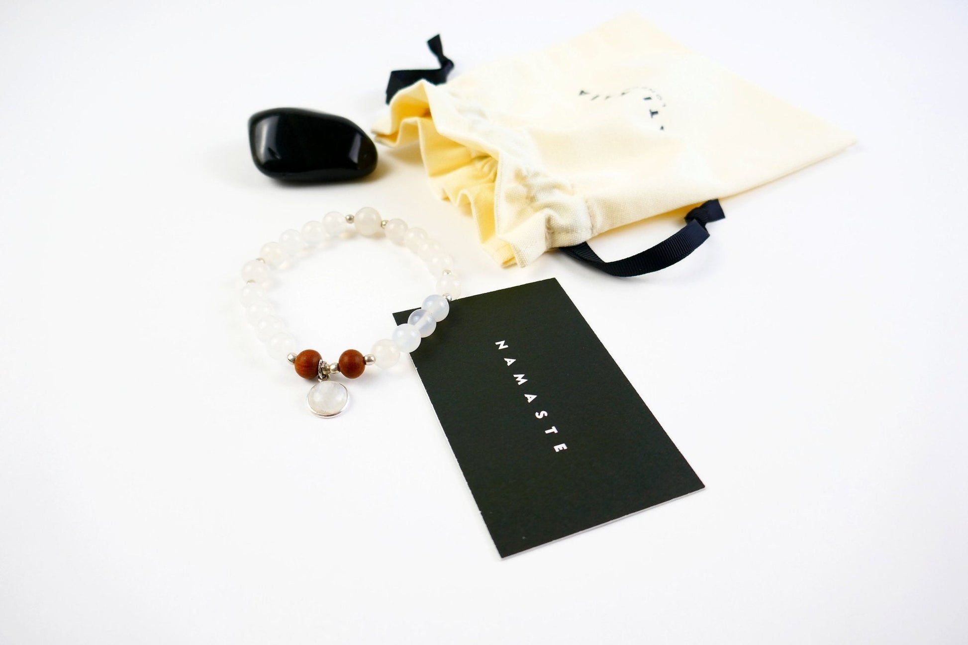 Selene Moonstone Mala Bracelet with Sandalwood and Sterling Silver