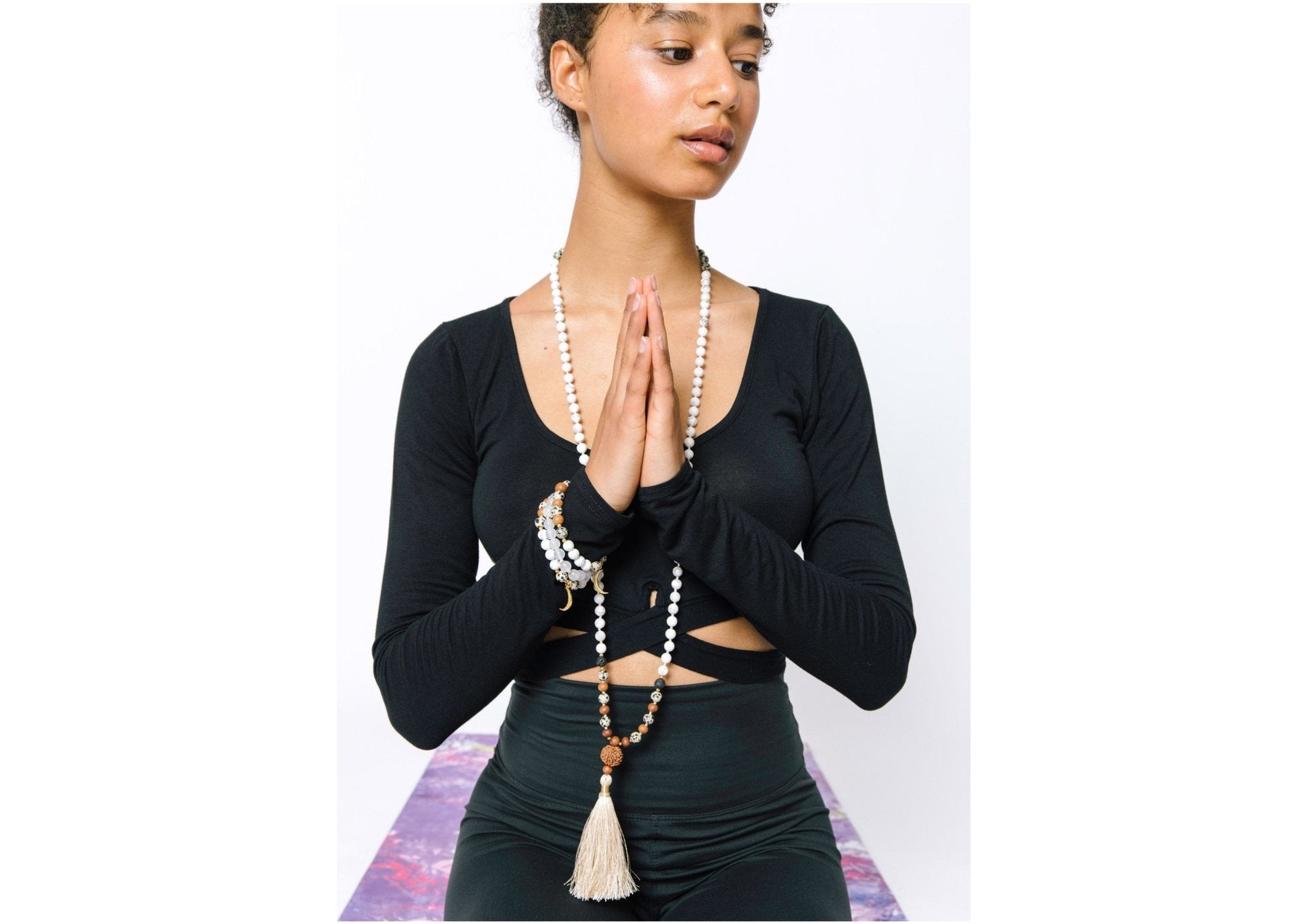 Selene Moonstone Mala Bracelet with Sandalwood and Sterling Silver