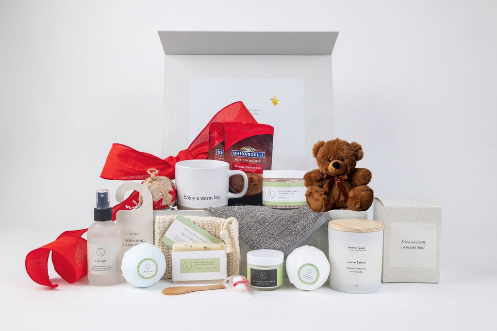 bold presentation of a luxury spa gift set with ceramic mug and eucalyptus bath products