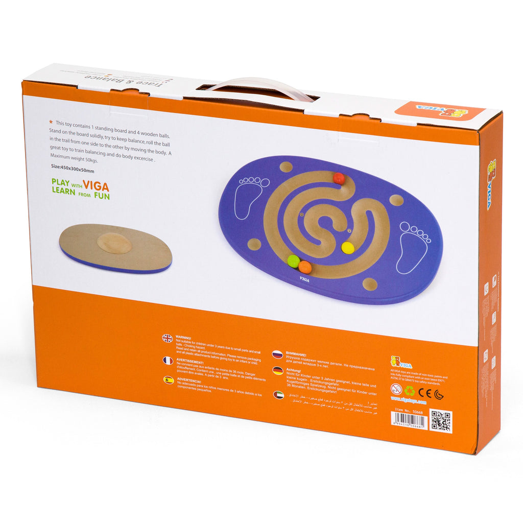 wooden balance board with maze and colorful balls for kids, promoting motor skills and active play