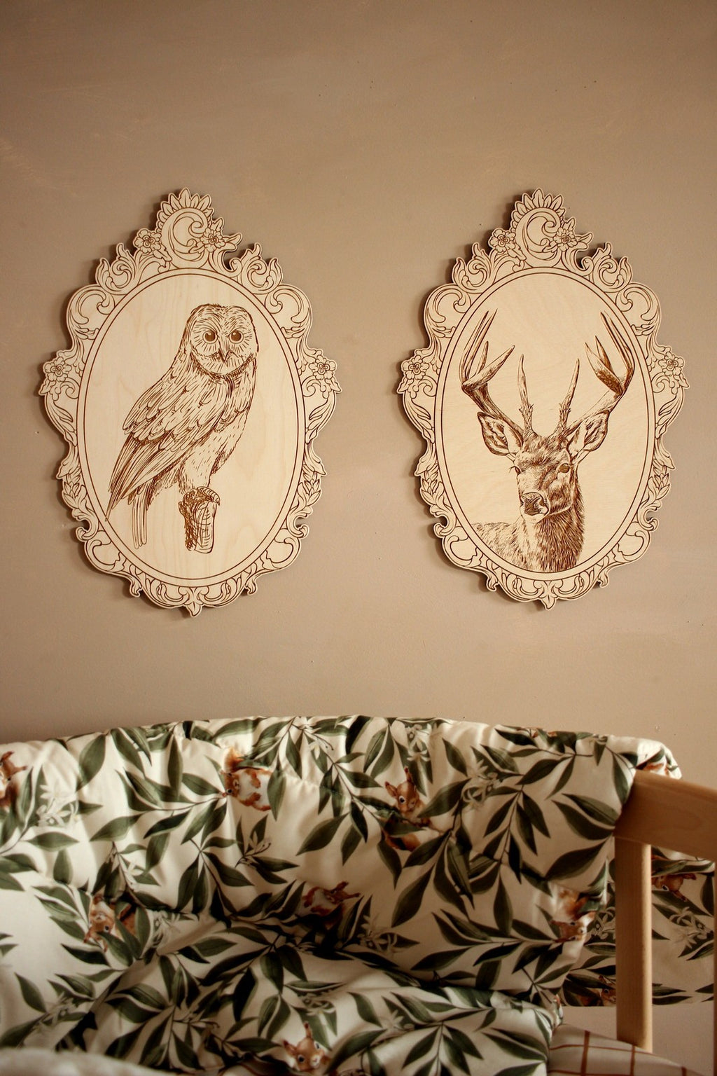 Set of 4 Engraved Forest Animals Pictures with Retro Frame