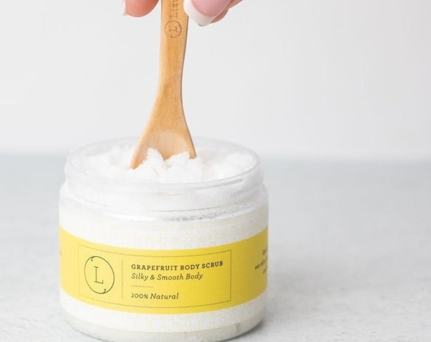 elegant shea butter and grapefruit body scrub set with sea salt crystals and natural oils