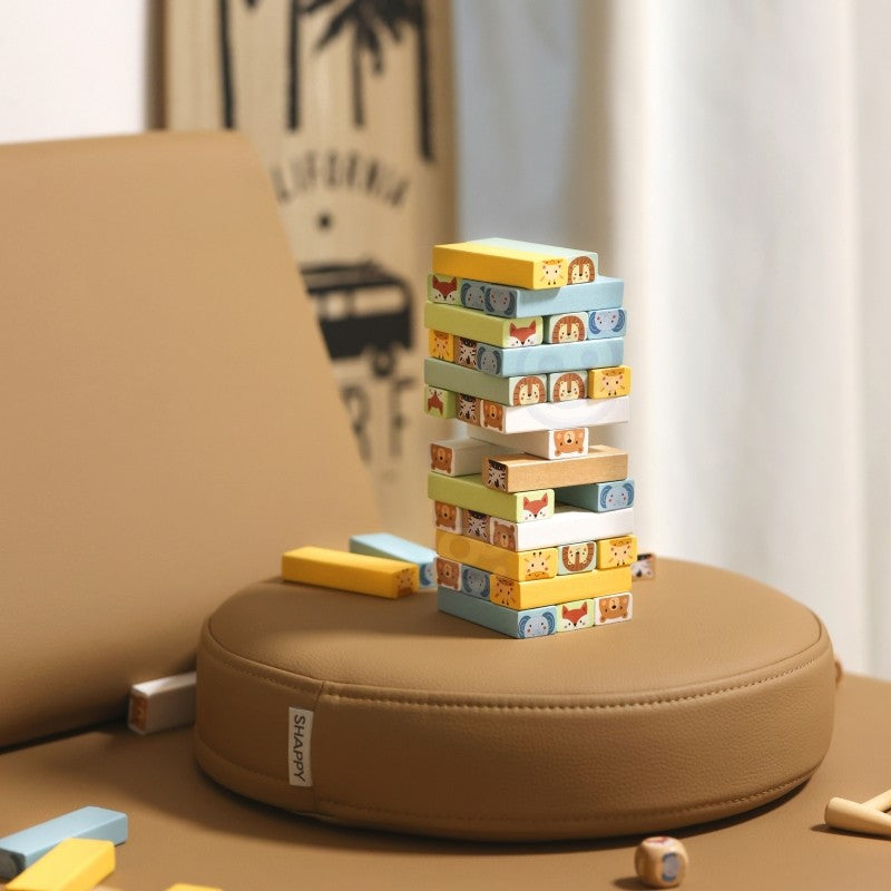 elegant arrangement of pastel wooden blocks and animal dice for a refined stacking game
