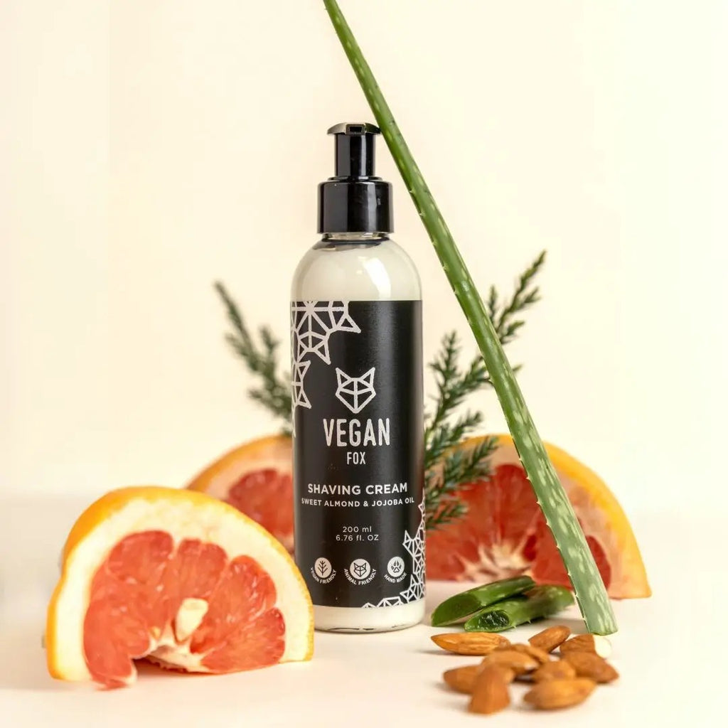 playful shot of vegan fox shaving cream with grapefruit and cedar scent on a sunny bathroom shelf