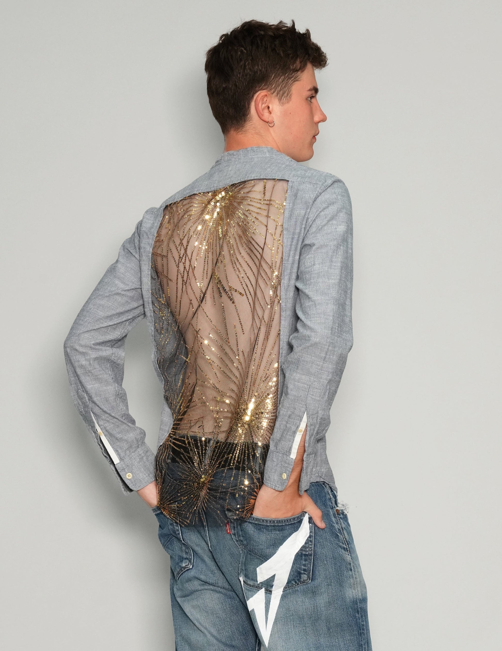 Party Back Granddad Collar Shirt in Grey